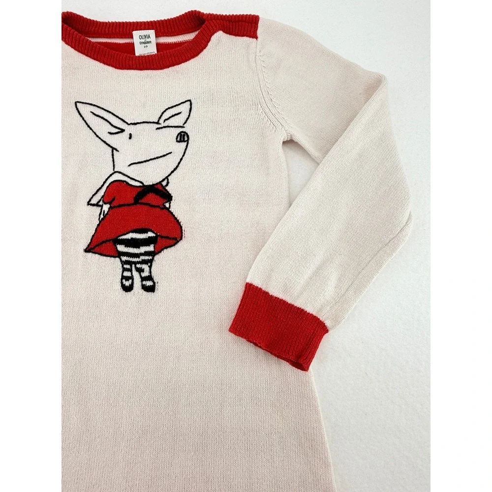Olivia for Gymboree Girls Red Cream Olivia the Pig Striped Sweater Dress Size 10